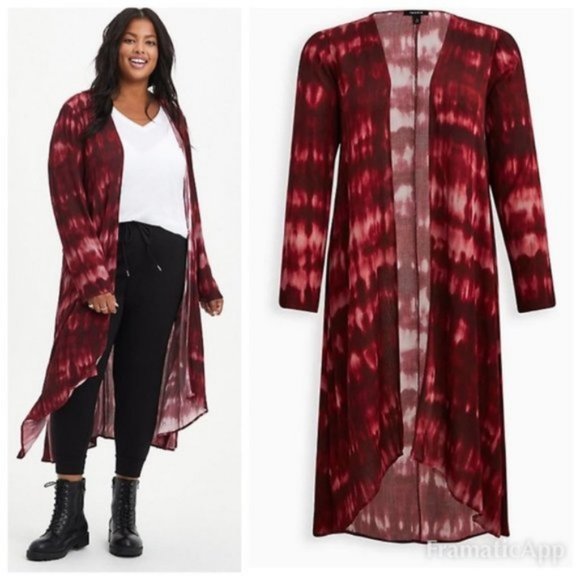 Torrid Wine Red Tie Dye Long Sleeve Lightweight Kimono Cover Top Plus Size - Picture 1 of 8